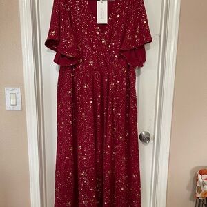 BloomChic Red Maxi Dress V-Neck Flutter Sleeve